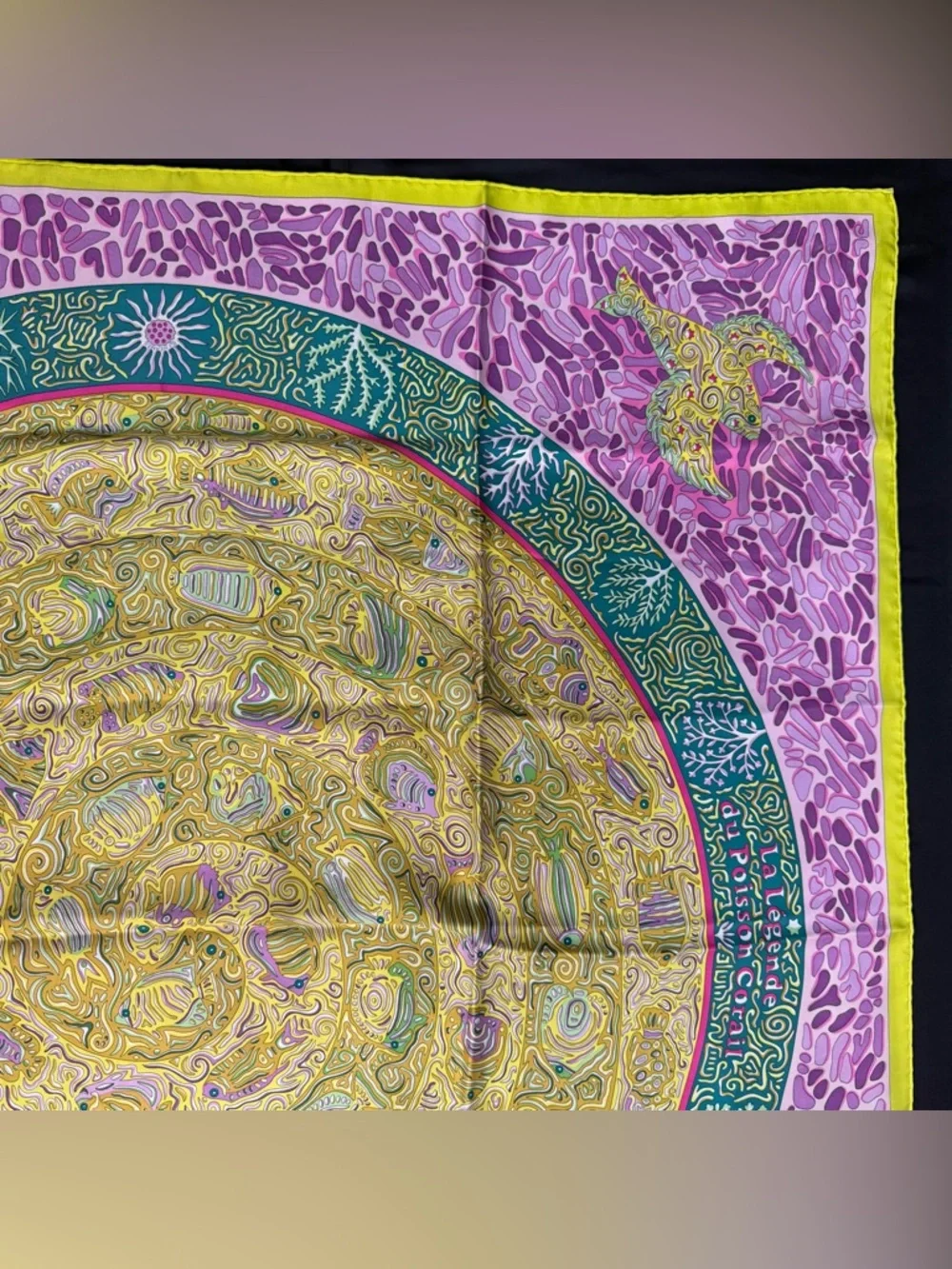 Hermes Silk Scarf Pink Yellow Green Fish La Legende Du Poisson Corail Coral - Picture 4 of 12